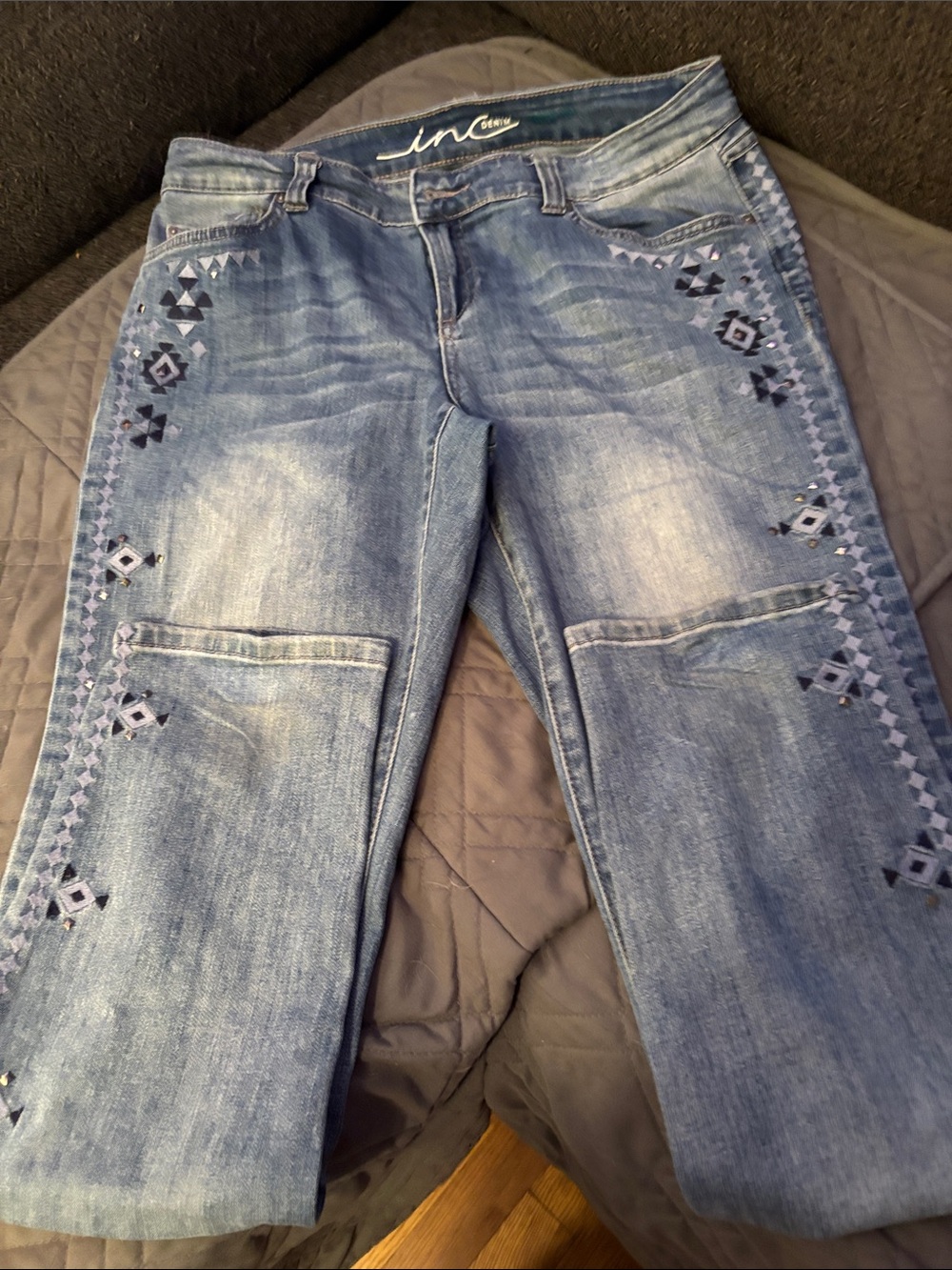 INC International Concepts Light Blue Embroidered Straight Leg Jeans